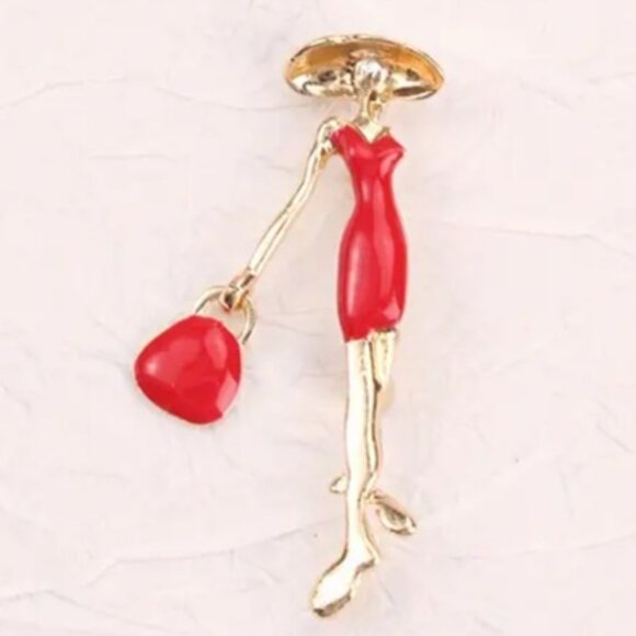 Fun Lady in Red & Synthetic Pearl Brooch - Picture 1 of 3